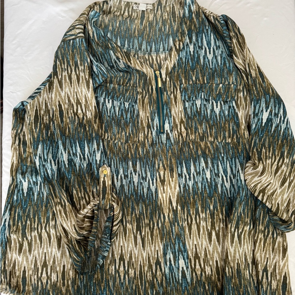 Cato Teal and Beige Zigzag Blouse